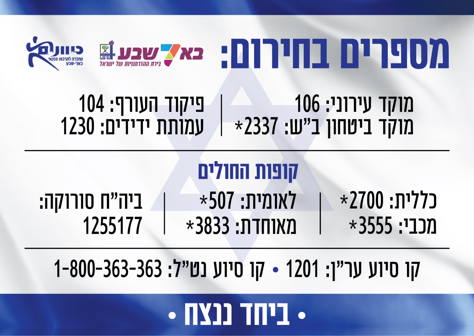מספרים בחירום - מוקד הביטחון באר שבע - 08-687-7777 מספרים בחירום: מוקד עירוני 106 מוקד ביטחון ב"ש: *2337 פיקוד העורף: 104 עמותת ידידים: 1230 קופות החולים: כללית: *2700 מכבי: *3555 לאומית: *507 מאוחדת: *3833 ביה"ח סורוקה: 1255177 קו סיוע ער"ן: 1201 קו סיוע נט"ל: 1-800-363-363